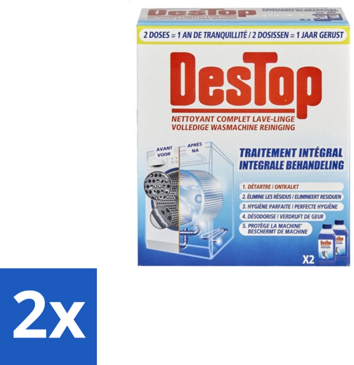 2 x Destop - Wasmachine reiniger - Integrale Behandeling - Duopack - Wasmachine Reiniger - Kalkverwijdering - Wasmachine Reinigen - Wasmachine Hygiëne - Wasmachine Onderhoud