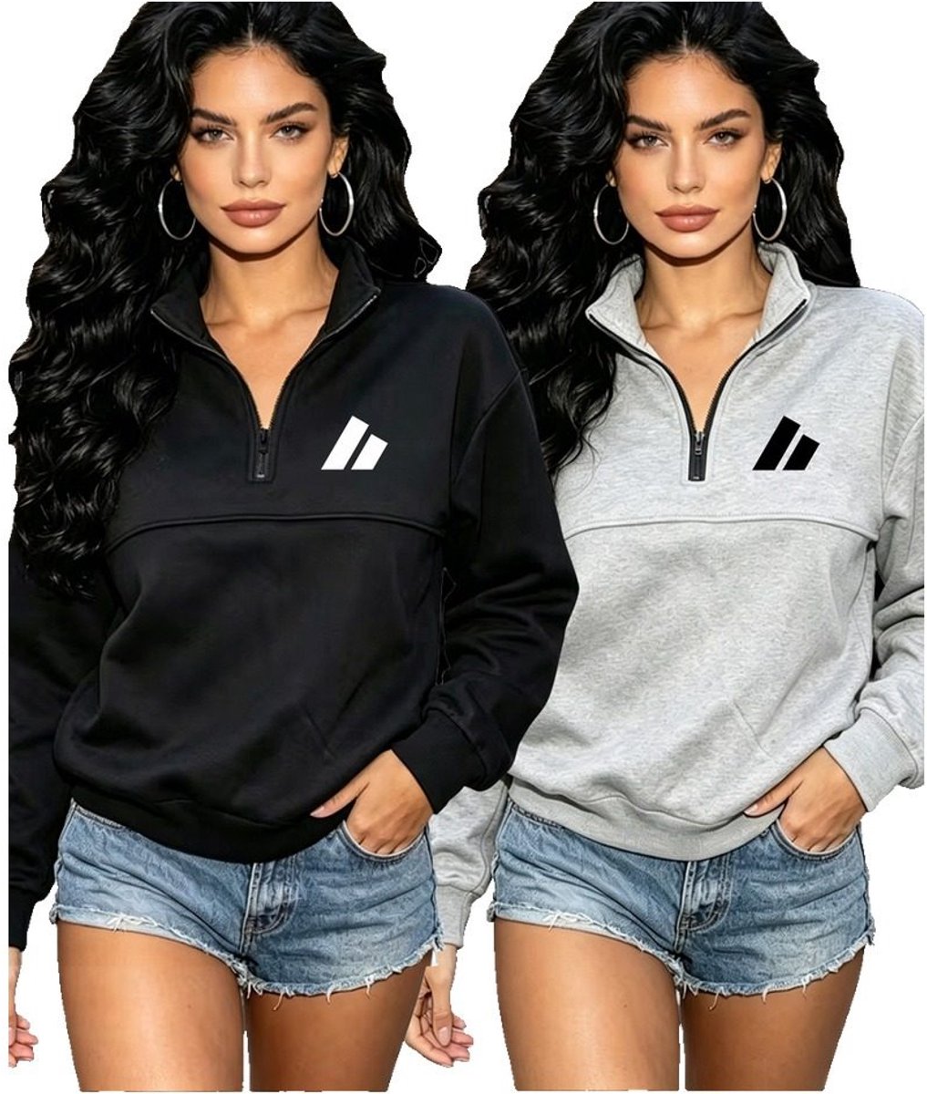 Currero Quarter Zip Dames Sweater Met Rits Jumper Quarterzip Hoodie Warme Trui Vest Lang Coltrui + Lichtgrijs Zwart