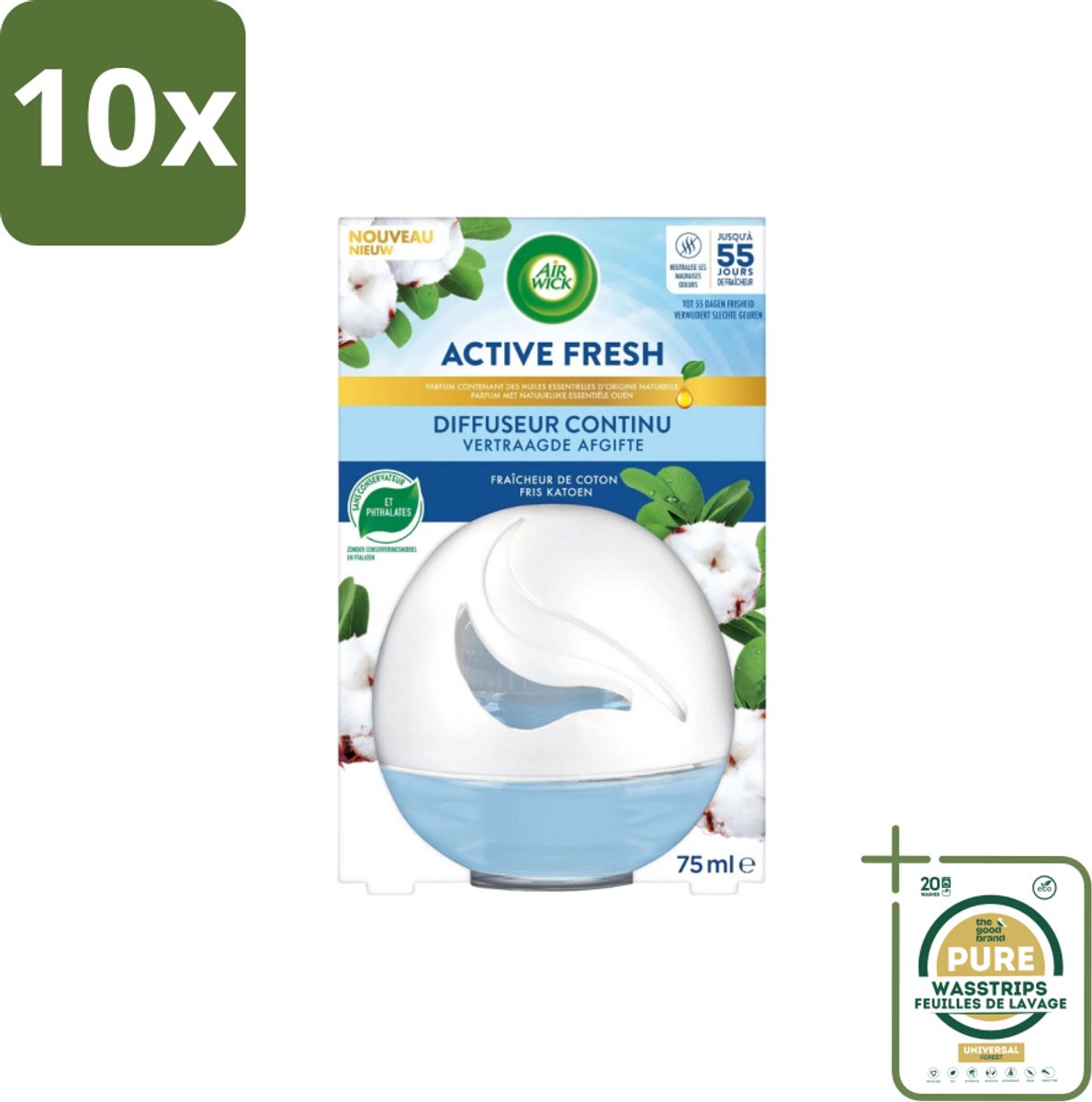 10 x Air Wick – Luchtverfrisser – Deco Sphere Katoen – 75 ml - Grootverpakking - Luchtverfrisser - Katoen Geur - Frisse Geur - Geur Neutraliseren - Geur In Badkamer