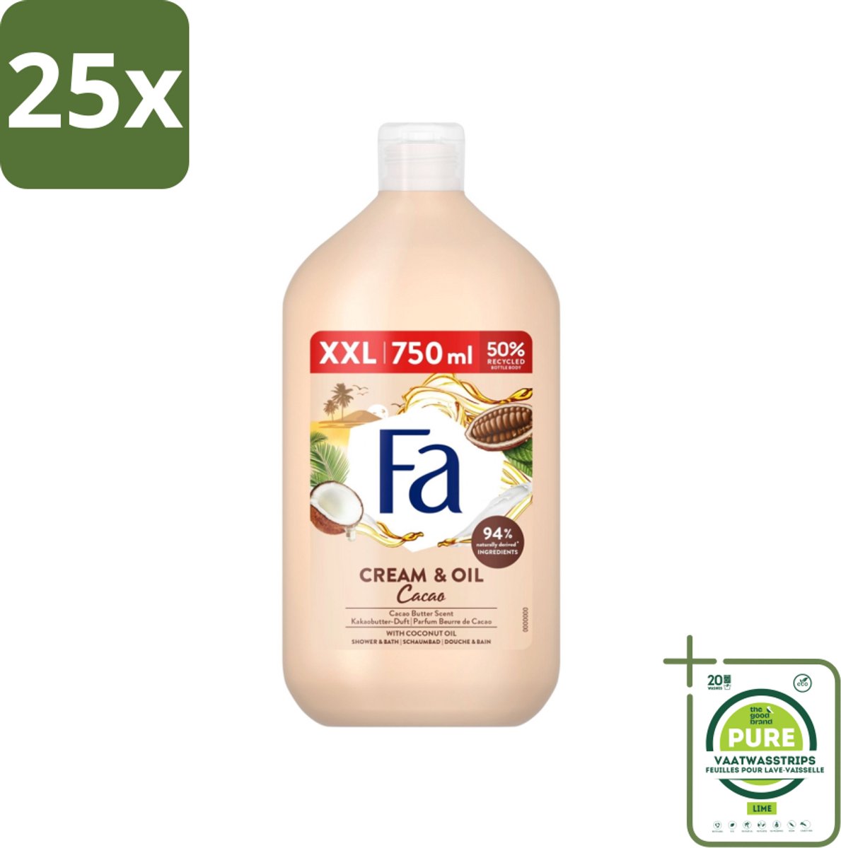25 x Fa - Cream & Oil Cacao - Bad- & Douchegel - Cacaoboter Met Kokosolie - 750 ml - Grootverpakking - Badgel - Douchegel - Cacaoboter - Kokosolie - Verzorging