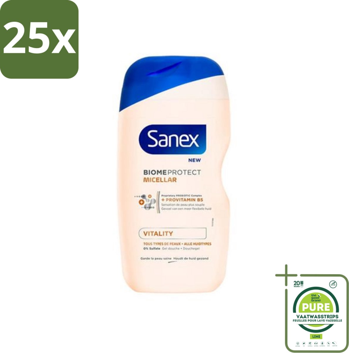 25 x Sanex - BiomeProtect Micellair - Douchegel - Vitaliteit - 0% Sulfaat - Alle Huidtypes - 400 ml - Grootverpakking - Sanex BiomeProtect - Micellair Douchegel - BiomeProtect Technologie - Milde Reiniging - Sulfatenvrij