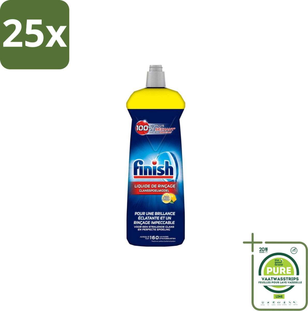 25 x Finish – Glansspoelmiddel – Citroen – 800 ml - Grootverpakking - Glansmiddel - Vaatwasser - Citroen - Glanzende Vaat - Droogt Snel