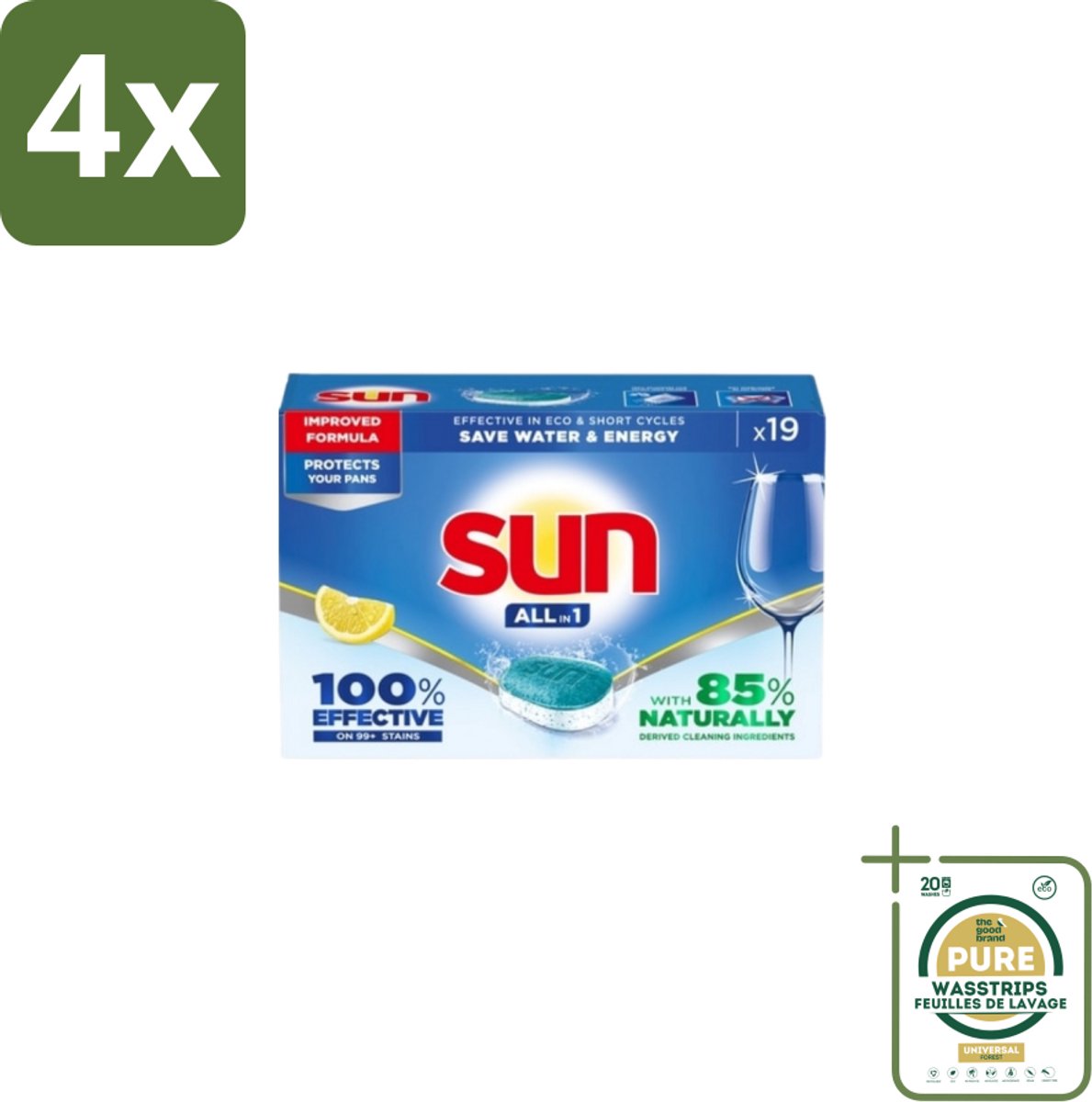 Sun – Vaatwastabletten – All-in-1 Citroen – 19 tabletten - Voordeelverpakking - 4 stuks - Reinigingstabletten - Vaatwasmiddel