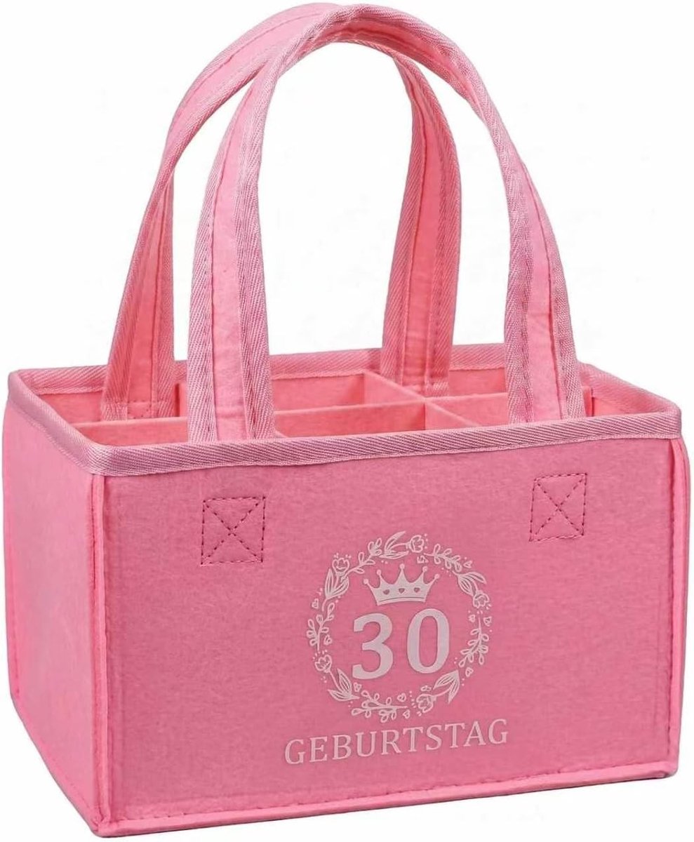Felt tas voor 6 flessen - Perfecte geschenk voor 30e verjaardag van vrouwen, handige boodschappentas met draagriemen en roze print, ideaal voor echtgenote, vriendin of zus (19 x 12 x 14 cm)