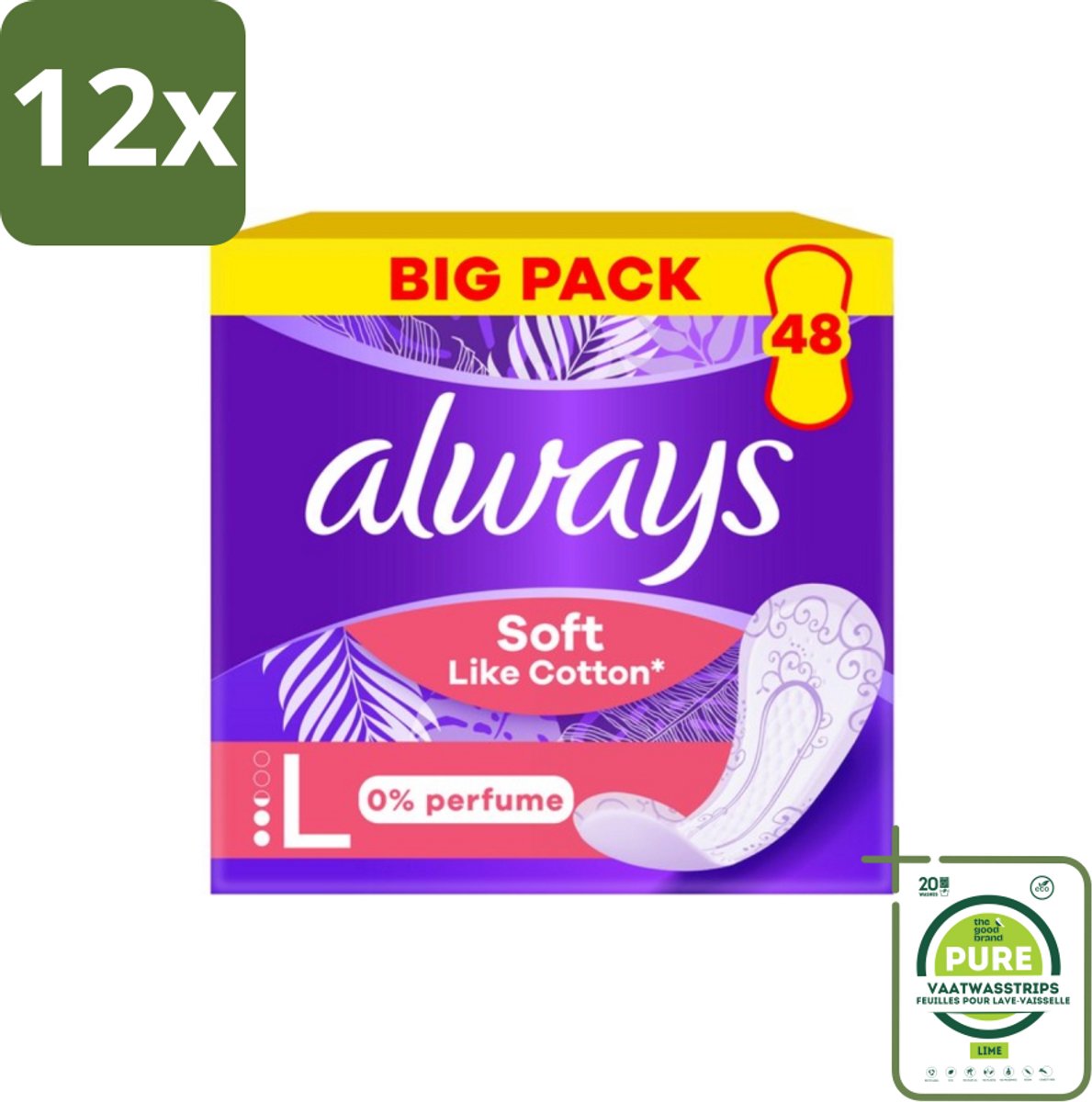 Always – Inlegkruisjes – Soft Like Cotton Long 0% Parfum – 48 Inlegkruisjes - Voordeelverpakking - 12 stuks - Inlegkruisjes - Always Soft Like Cotton