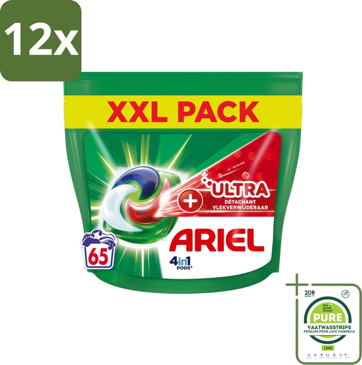 Ariel – 4in1 Pods – Ultra Vlekverwijderaar – 65 wasbeurten - Voordeelverpakking - 12 stuks - Vlekverwijderaar - Wasmiddel
