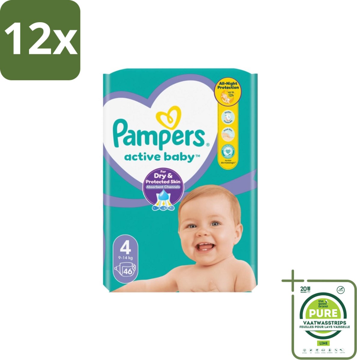 Pampers – Luiers – Active Baby Maat 4 – 46 Luiers - Voordeelverpakking - 12 stuks - Baby luier - Baby droog