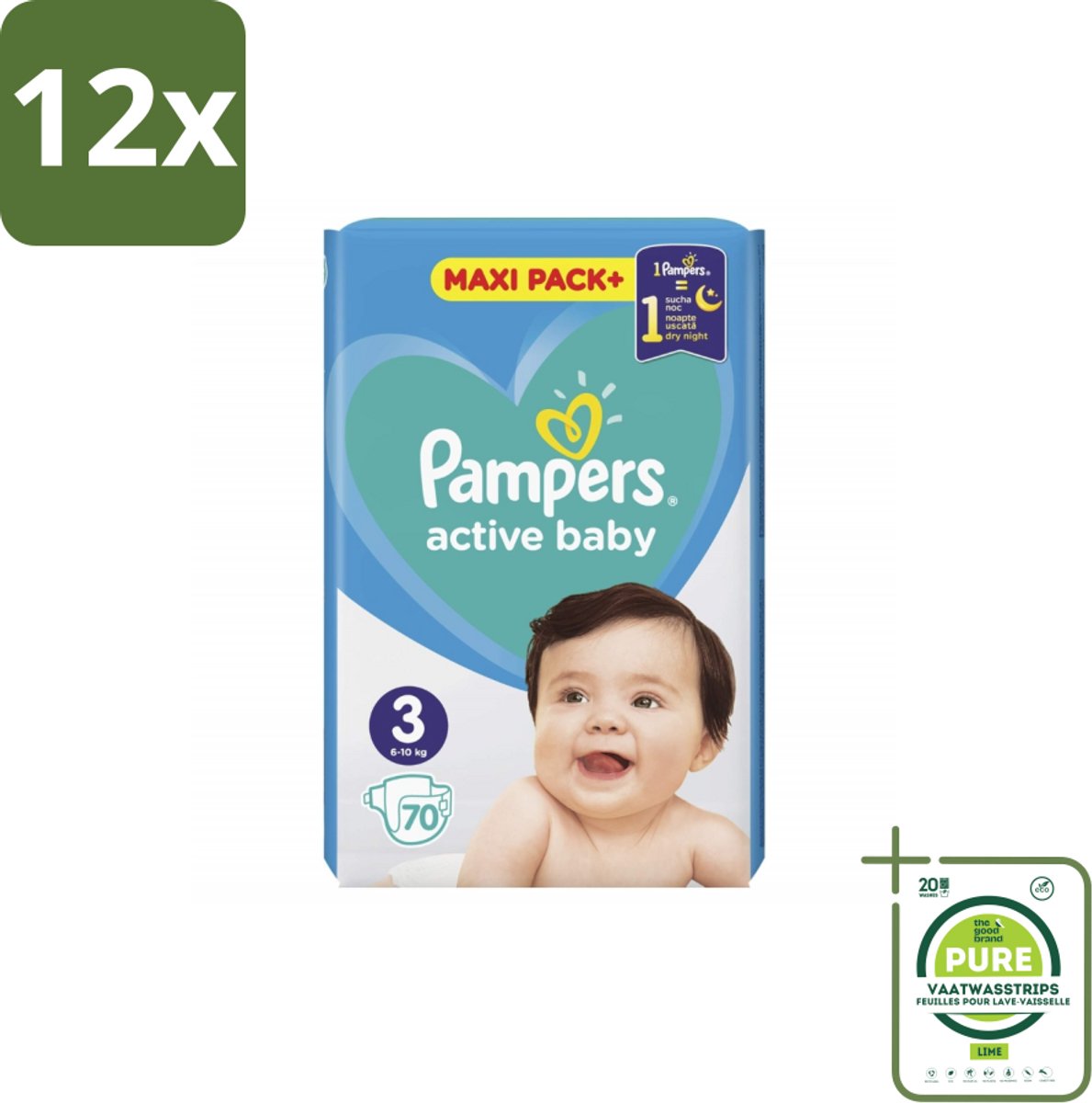 Pampers – Luiers – Active Baby Maat 3 – 70 Luiers - Voordeelverpakking - 12 stuks - Baby-luiers - Droge billetjes