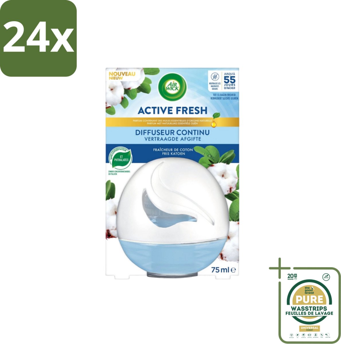 Air Wick – Luchtverfrisser – Deco Sphere Katoen – 75 ml - Voordeelverpakking - 24 stuks - Frisse geur - Geur neutraliseren