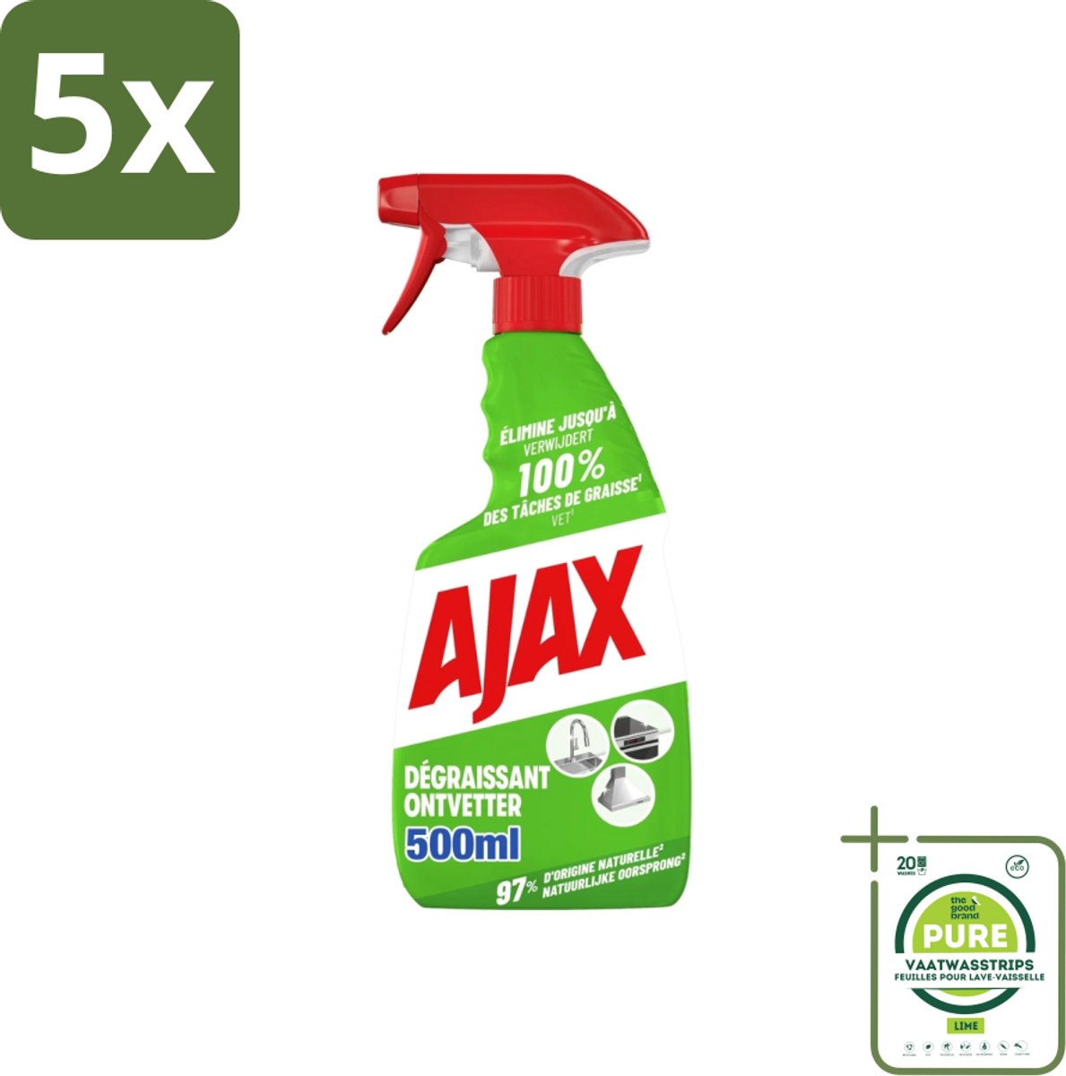 5 x Ajax – Ontvetter Spray – 500 ml - Grootverpakking - Ajax Ontvetter - Ontvetter Spray 500 Ml - Vet Verwijderen - Keukenreiniger - Krachtige Ontvetter