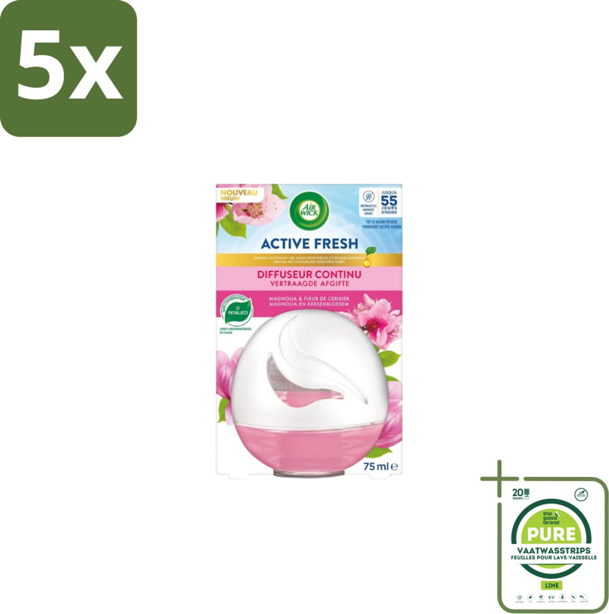 5 x Air Wick – Luchtverfrisser – Deco Sphere Magnolia & Kersenbloesem – 75 ml - Grootverpakking - Luchtverfrisser - Geur - Bloemige Geur - Magnolia - Kersenbloesem