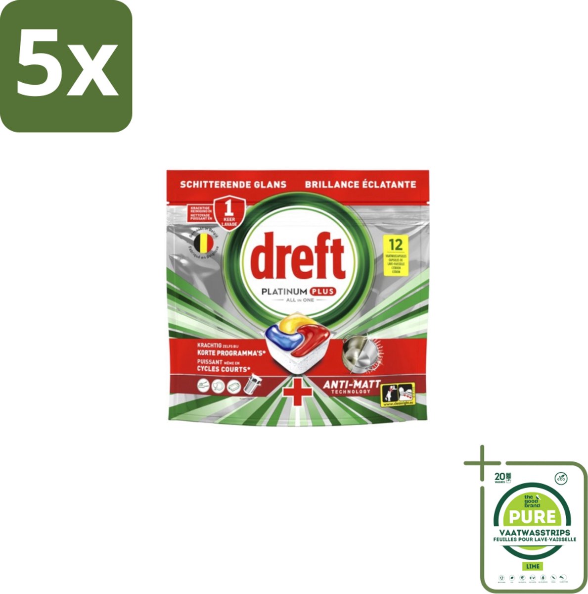 5 x Dreft – Vaatwastabletten – Platinum Plus All-in-One – Lemon – 12 Tabletten - Grootverpakking - Vaatwasmiddelen - Vaatwastabletten - Anti-dofheid - Vaatwasmiddelen Lemon - Vaatwasmiddelen Anti-matt