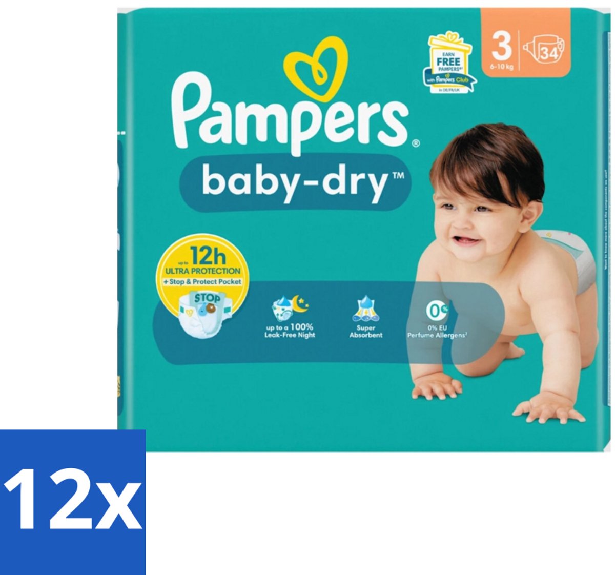 Pampers – Luiers – Baby-Dry Maat 3 (6-10 kg) – 34 Luiers - Voordeelverpakking - 12 stuks