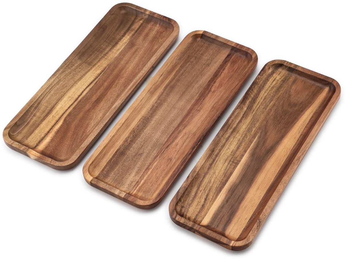 BILL.F Serveerdienbladen van massief acaciahout, set van 3 (37 x 14 cm), rechthoekige houten dienbladen voor dessert - ShopVlot