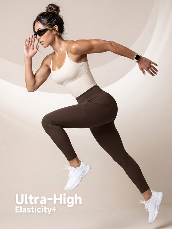 Currero Pilates Pak Dames - Yoga - Buttshaper - Gym - Fitness - Butt Lift - Bil Vergrotend - Heup Liftend - Yogakleding - Wit + Bruin L — afbeelding 4