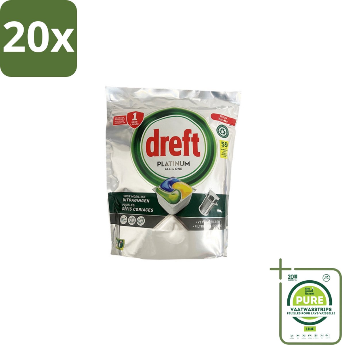 20 x Dreft – Vaatwastabletten – All-in-One Platinum – Lemon – 59 Tabletten - Grootverpakking - Vaatwastabletten - Vaatwasser - Vetverwijderen - Glasbescherming - Citroengeur