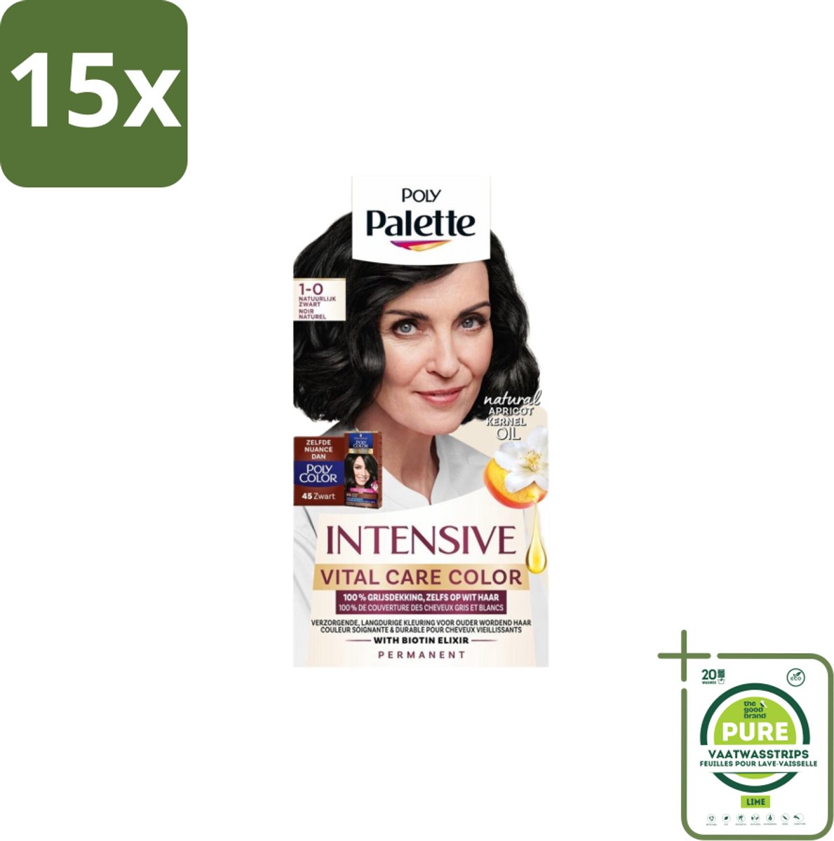 15 x Poly Palette – Haarverf – 1-0 Natuurlijk Zwart – 115 ml - Grootverpakking - Haarkleur - Grijsdekking - Zwart Haar - Permanente Haarkleuring - Natuurlijke Glans
