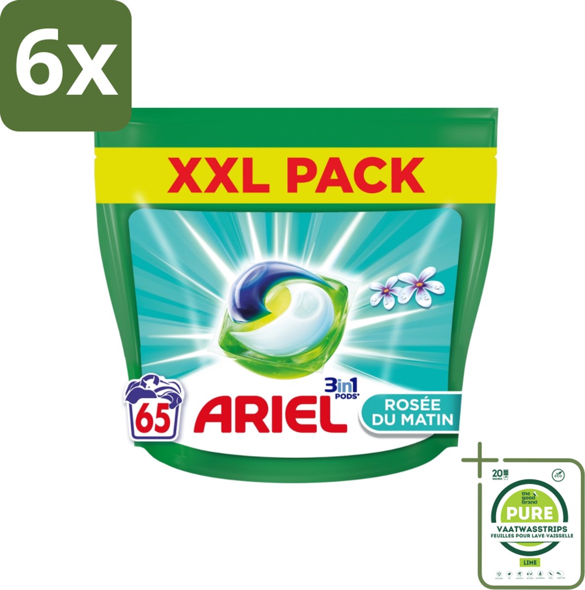 Ariel – Pods 3in1 – Rosée du Matin – 1332 g – 65 wasbeurten - Voordeelverpakking - 6 stuks - Ariel 3in1 Pods Rosée du Matin - 3in1 waspods
