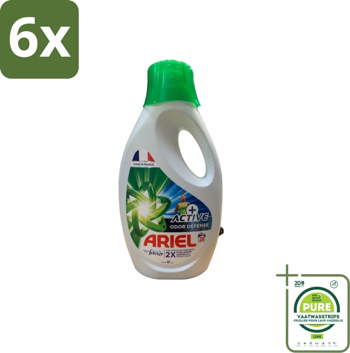 Ariel – Vloeibaar Wasmiddel – Active Odor Defense – 1,26 L – 28 wasbeurten - Voordeelverpakking - 6 stuks - Geurverwijderend wasmiddel - Sportkleding wassen