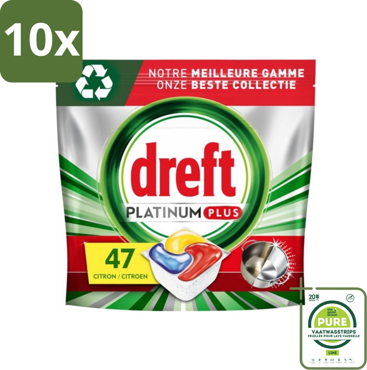 10 x Dreft Platinum Plus - All In One - Vaatwascapsules - Anti-Matt Technologie - Citroen - 47 Afwasbeurten - Grootverpakking - Vaatwascapsules - Vaatwasser Capsules - Vaatwasmiddel - Vaatreiniger - Schoon Vaat