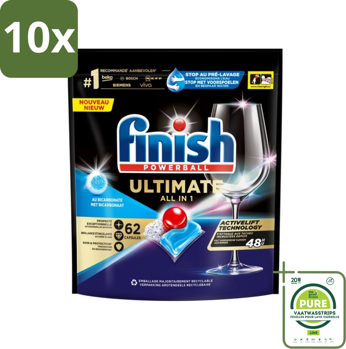 10 x Finish Powerball - Ultimate All in One - Vaatwastabletten - Met Bicarbonaat - 62 Capsules - Grootverpakking - Vaatwascapsules - Vaatwasser - Vaatwasmiddel - Glans - Reiniging