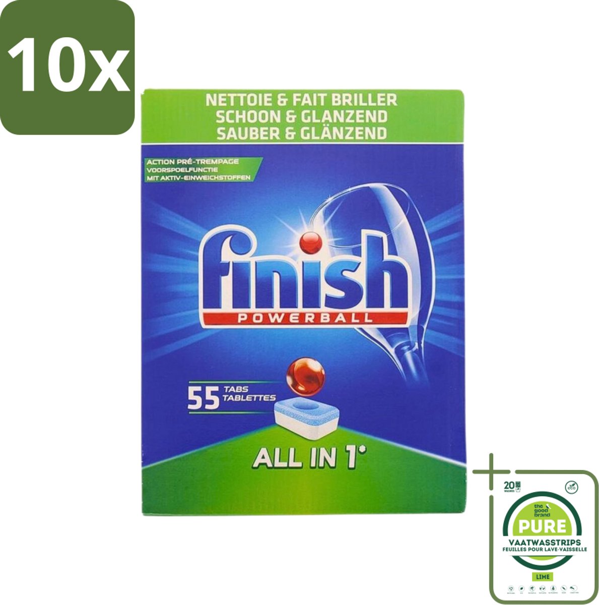 10 x Finish Powerball - All in 1 - Vaatwastabletten - Schoon & Glans - 55 Tabletten - Grootverpakking - Vaatwastabletten - Vaatwasser - Schoonmaak - Glans - Diepe Reiniging