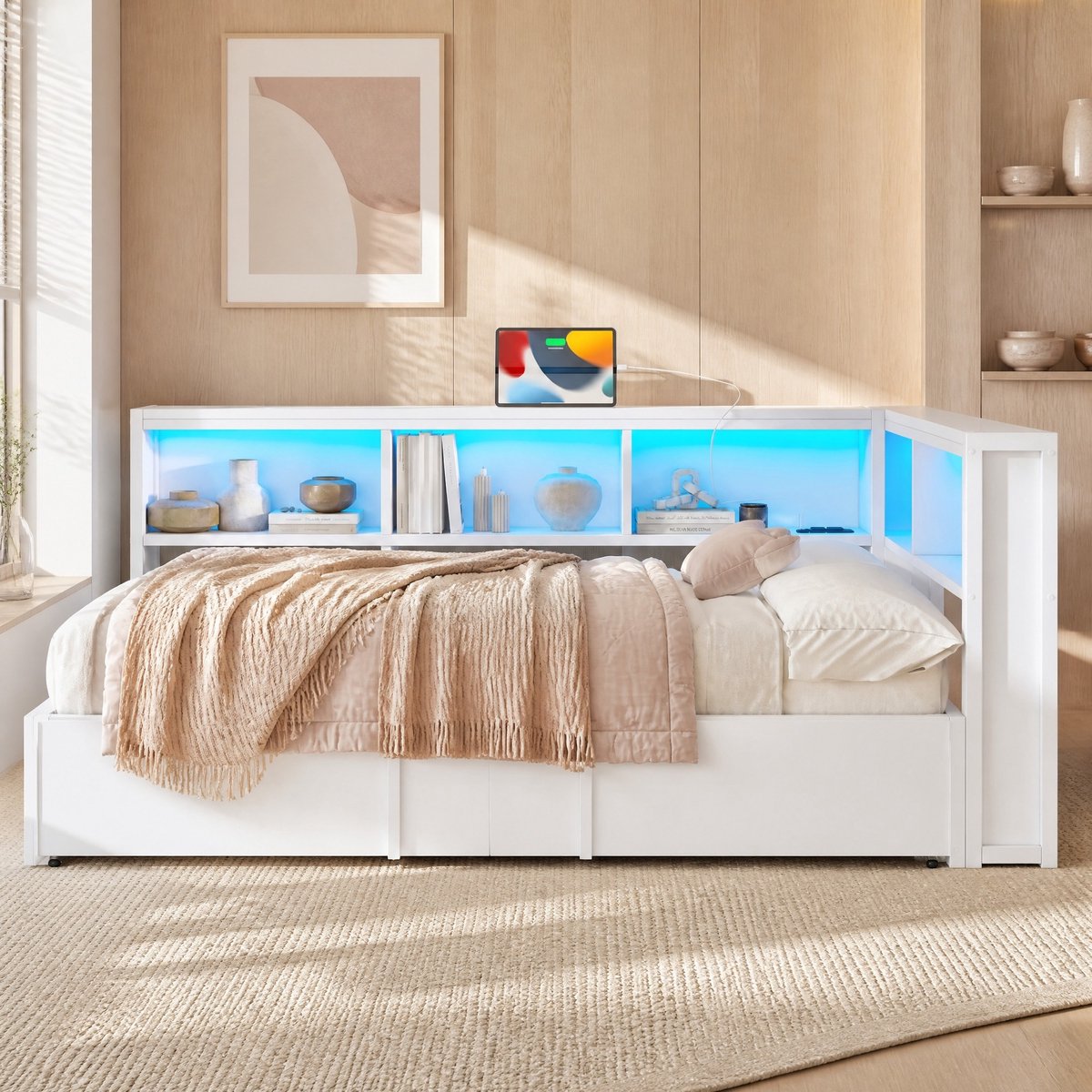 Wishdor Bedbank 90x200 cm - Met uitrolbed en opbergruimte - LED-verlichting en USB-aansluitingen - Modern minimalistisch - Slaapkamer logeerkamer - Wit - Metaal en MDF