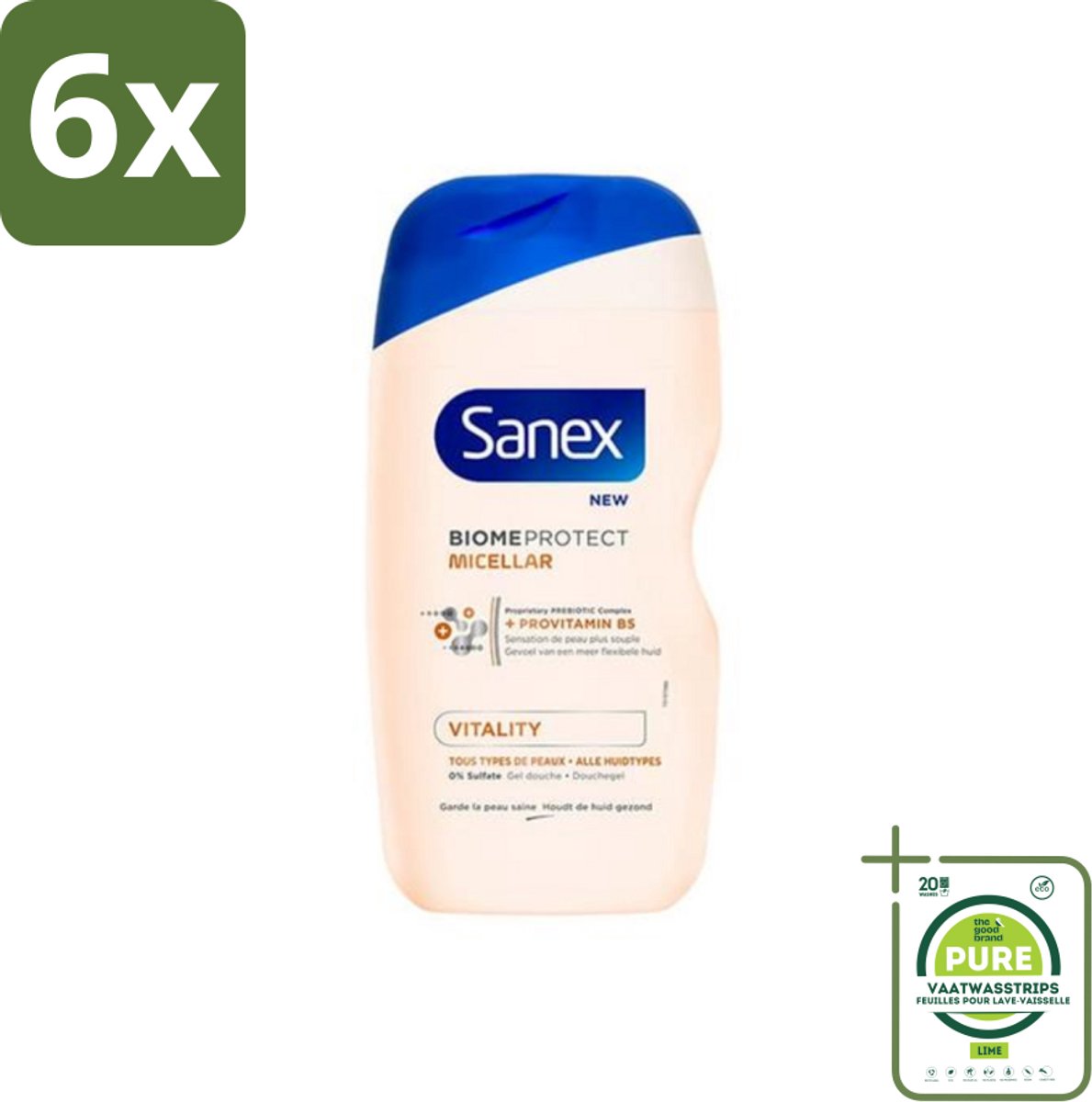 Sanex - BiomeProtect Micellair - Douchegel - Vitaliteit - 0% Sulfaat - Alle Huidtypes - 400 ml - Voordeelverpakking - 6 stuks - Sanex BiomeProtect - Micellair douchegel