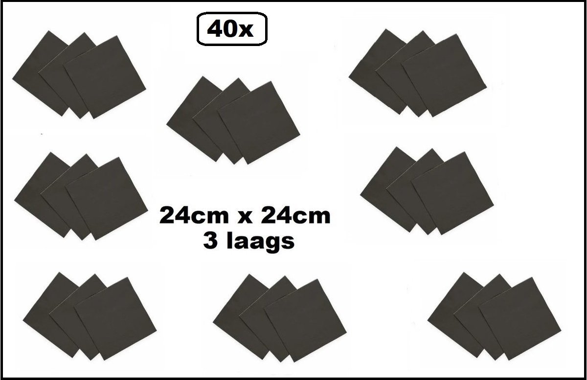 40x Servetten zwart 24cm x 24cm - 3 laags - Party Cocktail servet diner eten knoeien restaurant BBQ thema feest verjaardag feest