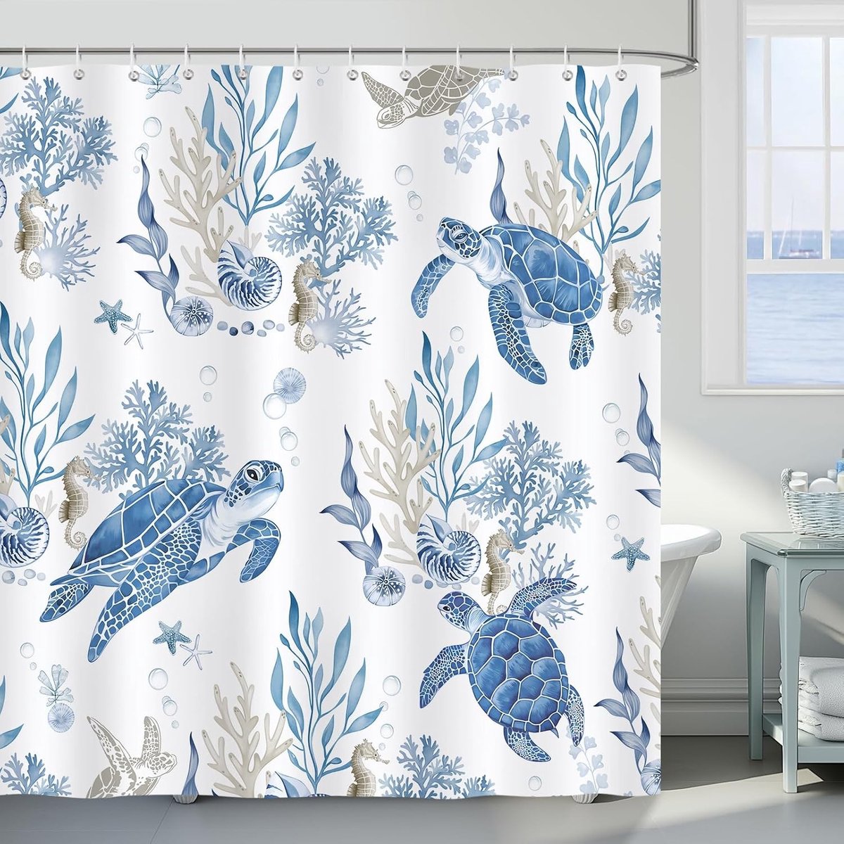 Nautische Douchescherm met Zee Schildpad en Koraal, Waterdicht Baddecor voor Badkamer 182x72 Inch, Inclusief 12 Haakjes