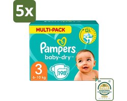 5 x Pampers - Baby-Dry - Luiers - Maat 3 (6-10 kg) - 198 Luiers - Grootverpakking - Luiers Baby - Baby Droog - Lekken Bescherming - Babyhuid Bescherming - Superabsorberend