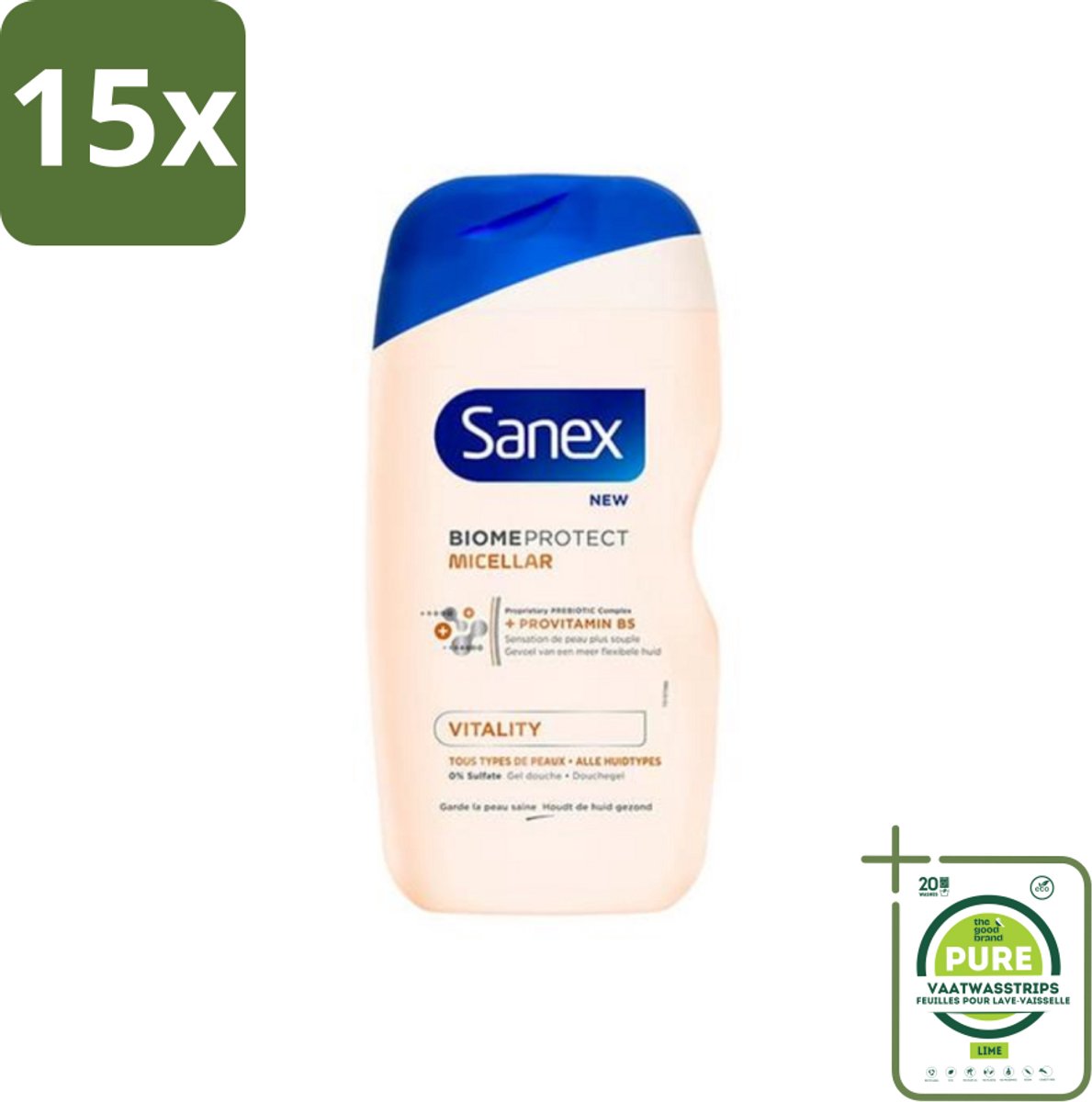 15 x Sanex - BiomeProtect Micellair - Douchegel - Vitaliteit - 0% Sulfaat - Alle Huidtypes - 400 ml - Grootverpakking - Sanex BiomeProtect - Micellair Douchegel - BiomeProtect Technologie - Milde Reiniging - Sulfatenvrij