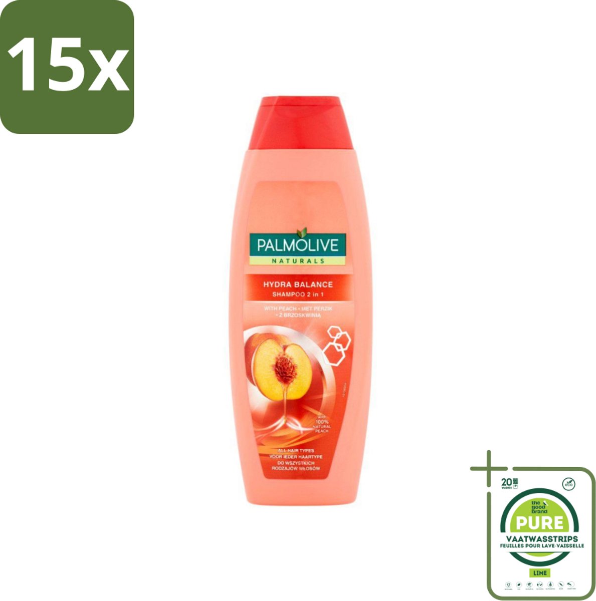 15 x Palmolive - Naturals - 2in1 Shampoo - Perzik - Hydra Balance - 350 ml - Grootverpakking - 2-in-1 Shampoo - Perzik Shampoo - Hydraterende Shampoo - Shampoo Voor Droog Haar - Shampoo Voor Dagelijks Gebruik