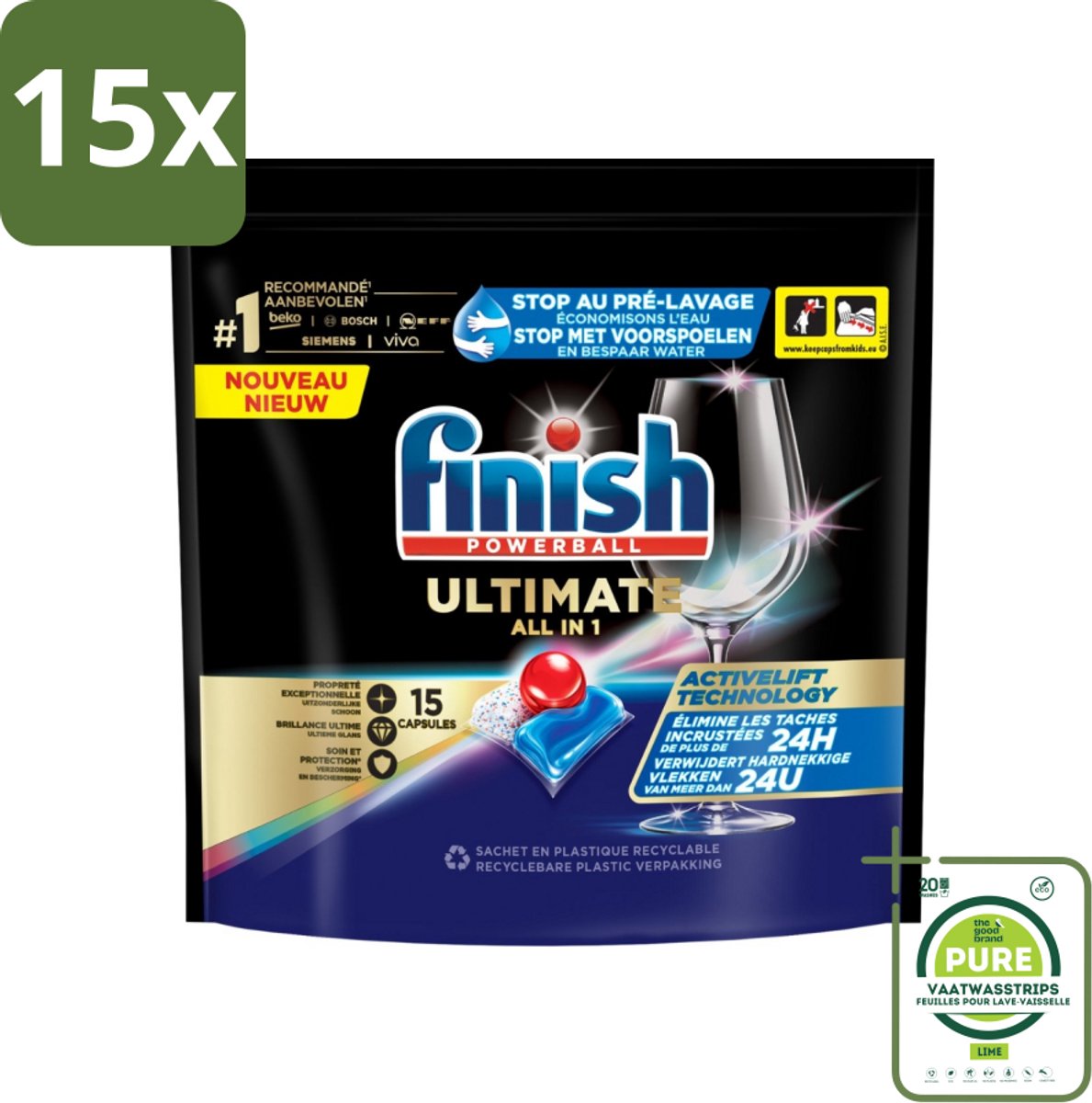 15 x Finish Powerball - Ultimate All in 1 - Vaatwastabletten - Activelift - 15 Capsules - Grootverpakking - Vaatwastabletten - Vaatwassertabletten - Finish Quantum - Activelift - Glans