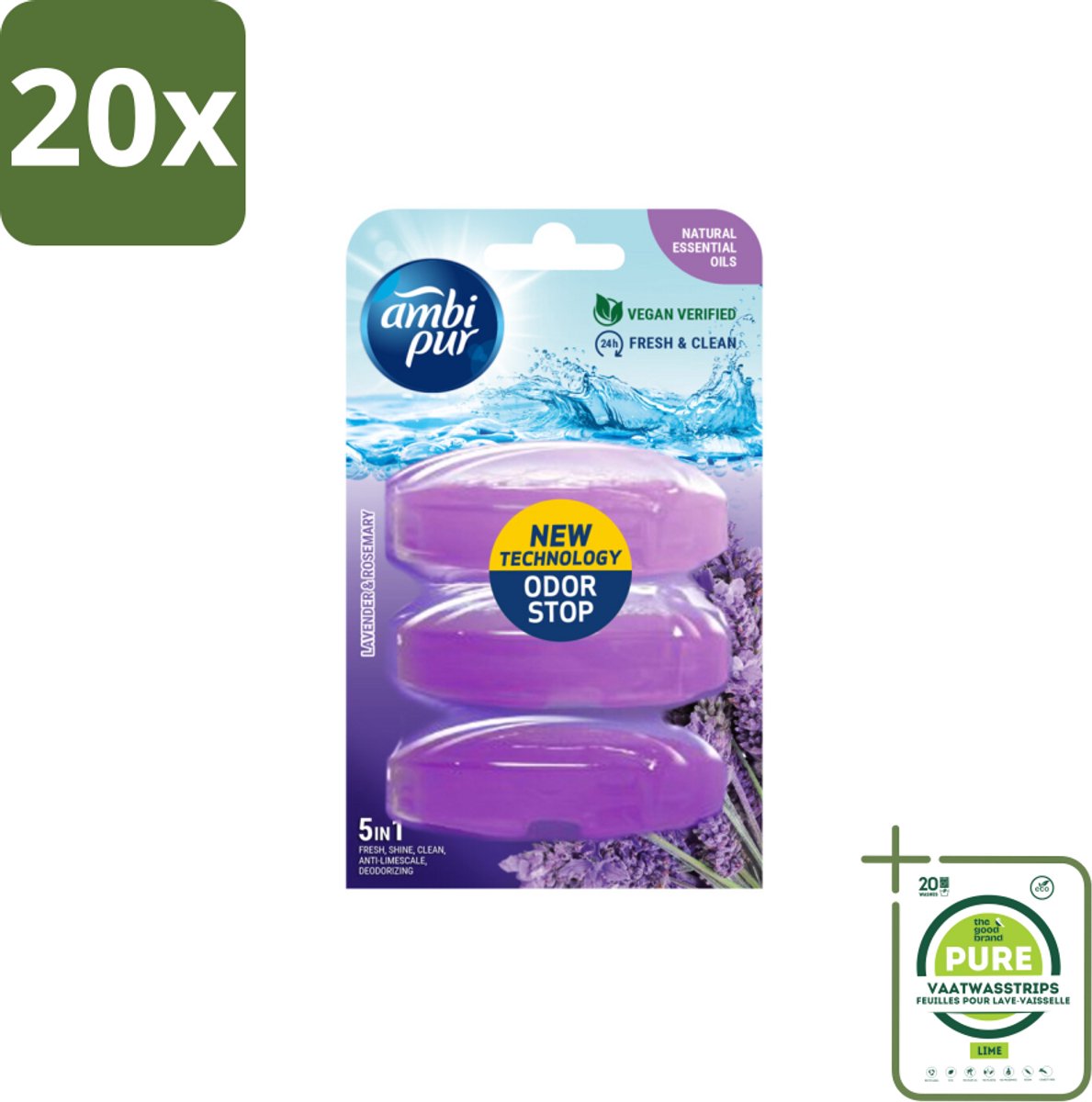 20 x Ambi Pur Toiletblok Navulling Lavendel & Rozemarijn 3 stuks per verpakking - Grootverpakking - Toiletblok - Toiletvulling - Lavendelgeur - Rozemarijn - Frisse Geur