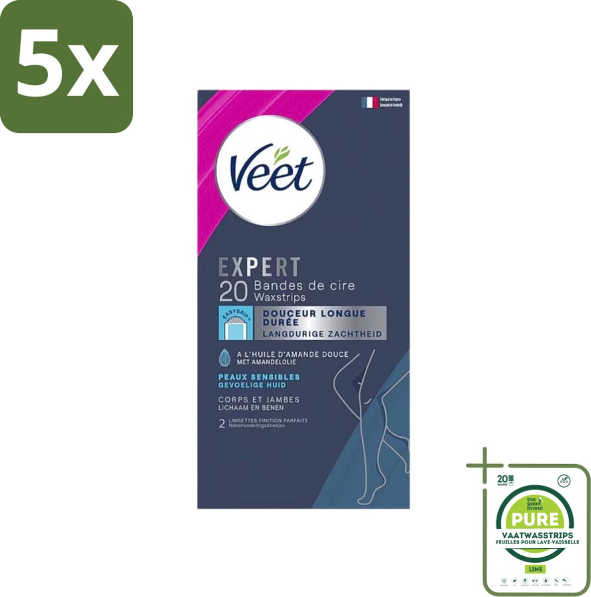 5 x Veet Expertn - Ontharingsstrips - Lichaam & benen - Normale huid - 20 Strips - Grootverpakking - Veet Ontharingsstrips - Ontharen Benen - Ontharen Lichaam - Ontharingsstrips Normale Huid - Ontharingsstrips Amandelolie