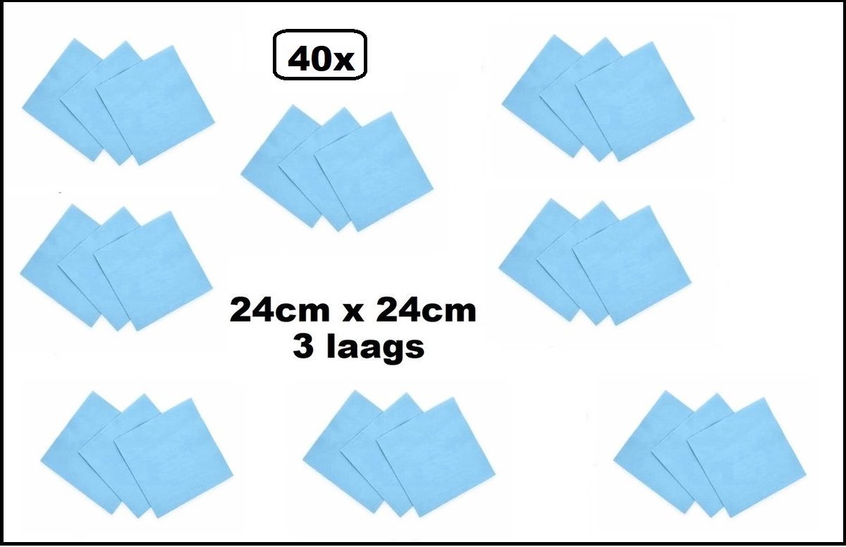 40x Servetten lichtblauw 24cm x 24cm - 3 laags - Party Cocktail servet diner eten knoeien restaurant BBQ thema feest verjaardag feest
