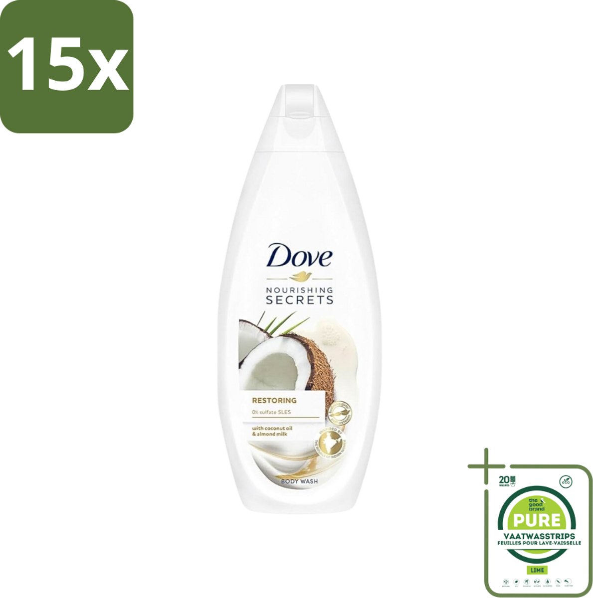 15 x Dove Nourishing Secrets - Douchegel - Kokosolie & Amandel melk - Sulfaatvrij - 250 ml - Grootverpakking - Douchegel - Kokosolie - Amandelmelk - Hydratatie - Sulfaatvrij