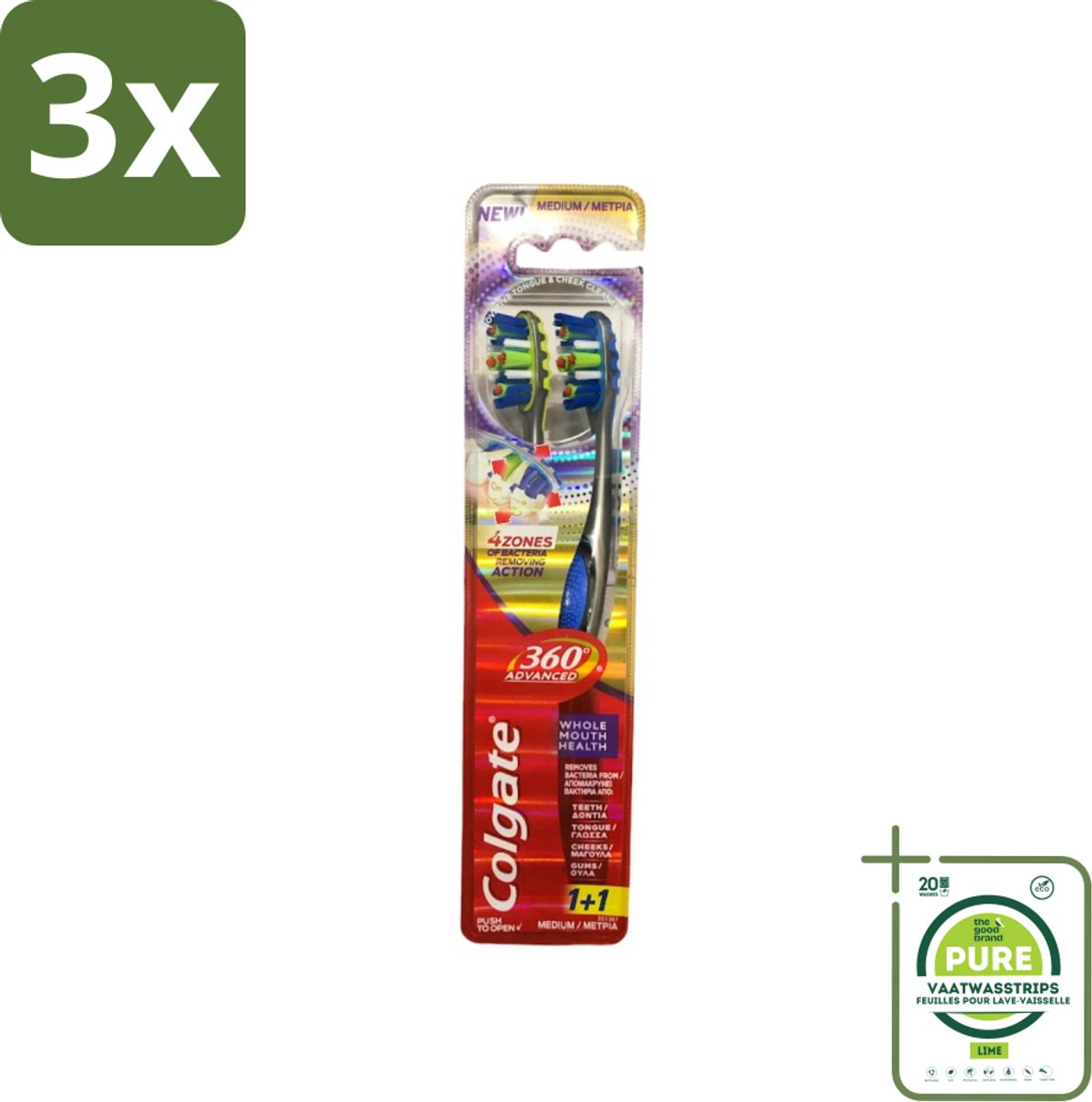 3 x Colgate - 360° Geavanceerd - Tandenborstel - Medium - 2 Tandenborstels - Grootverpakking - Tandenborstel - Elektrische Tandenborstel - Mondhygiëne - Tanden Poetsen - Tandvlees