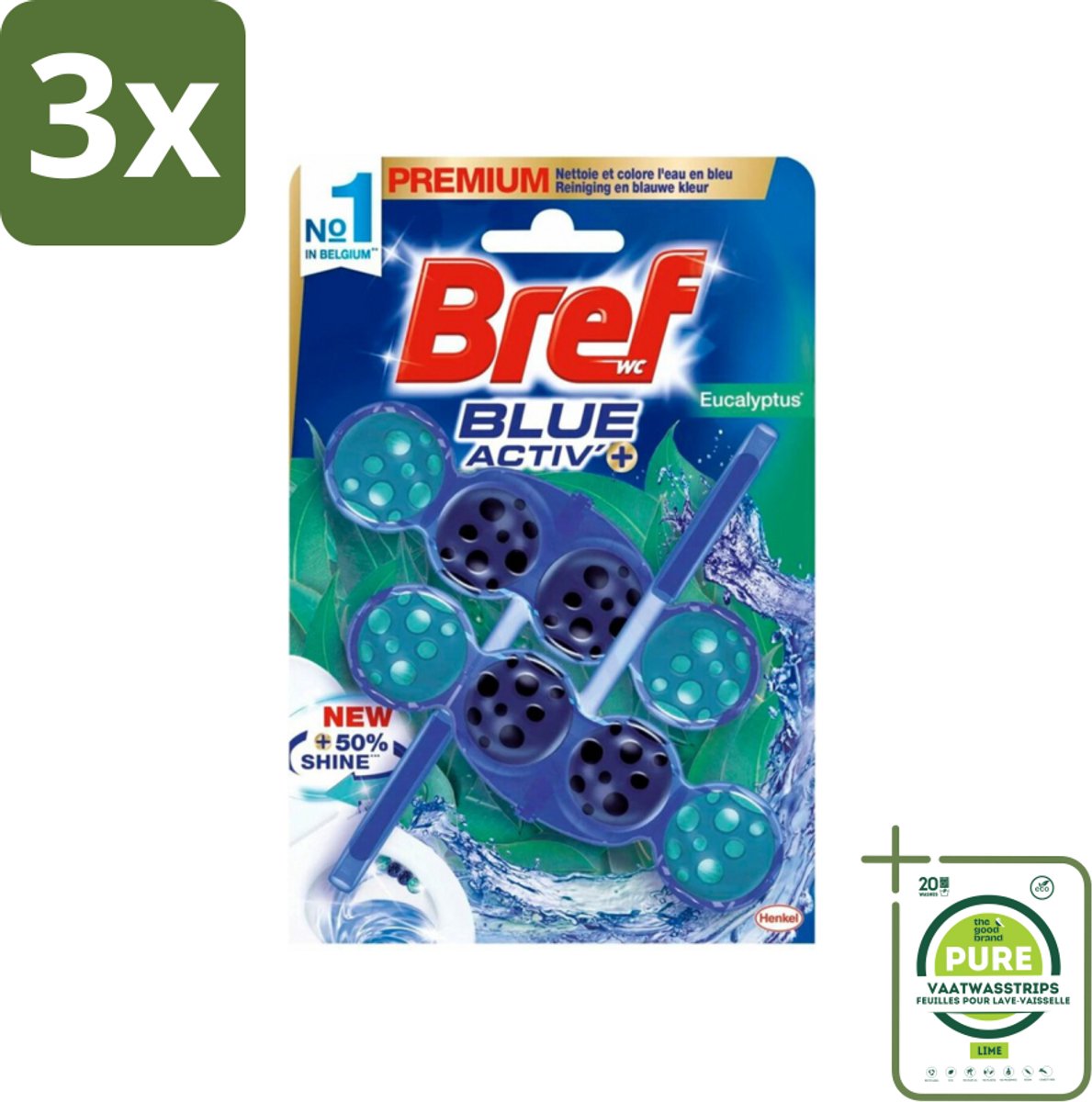 3 x Bref WC - Blue Activ' - Toiletblok - Eucalyptus - 2 Blokken - Grootverpakking - Toilet Schoonmaak - Toiletblok - Geur Neutraliserend - Toilet Fris - Anti-kalk