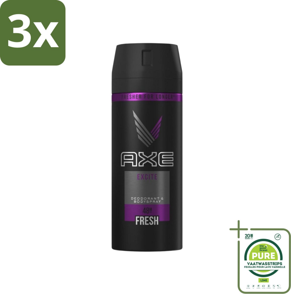 3 x Axe - Deodorant Bodyspray - 48hrs Fresh - Excite - 150 ml - Grootverpakking - Axe Deodorant - Deodorant Spray - 48 Uur Fris - Kokosnoot Geur - Zwarte Peper Geur