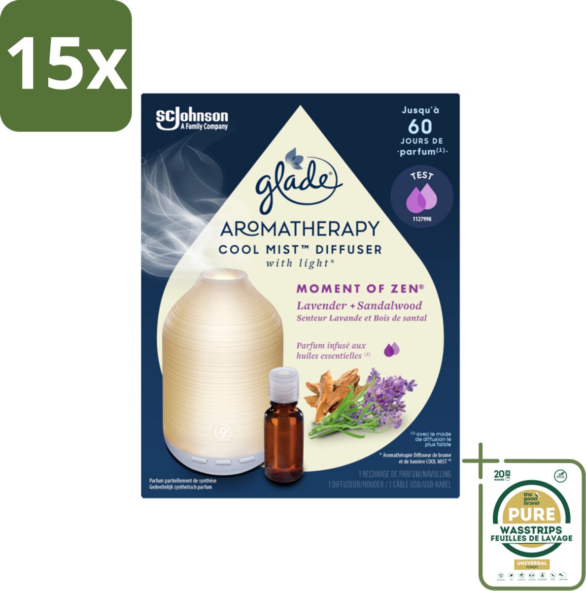 15 x Glade – Aromatherapy Mist Diffuser – Starterpakket – Houder + Moment of Zen Navulling - 17,4 ml - Grootverpakking - Aromatherapie - Cool Mist Diffuser - Lavendel - Sandelhout - Rustgevende Geur
