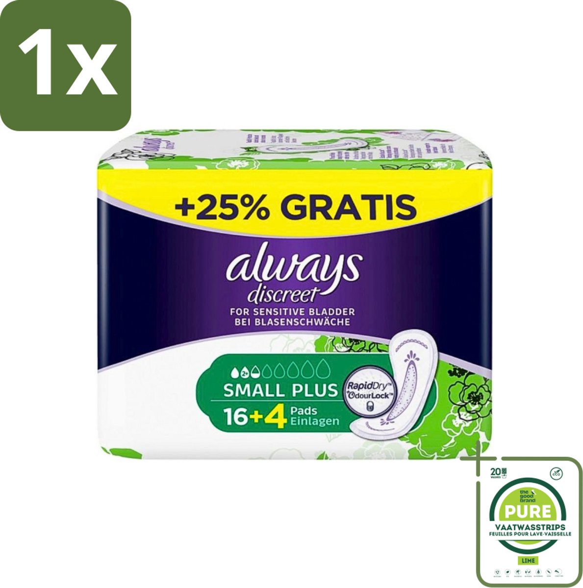 1 x Always Discreet - Inlegkruisjes - Gevoelige Blaas - Lichte Bescherming - 20 Inlegkruisjes - Always Discreet - Maandverband - Incontinentie - Gevoelige Blaas - Lichte Urinelekkage