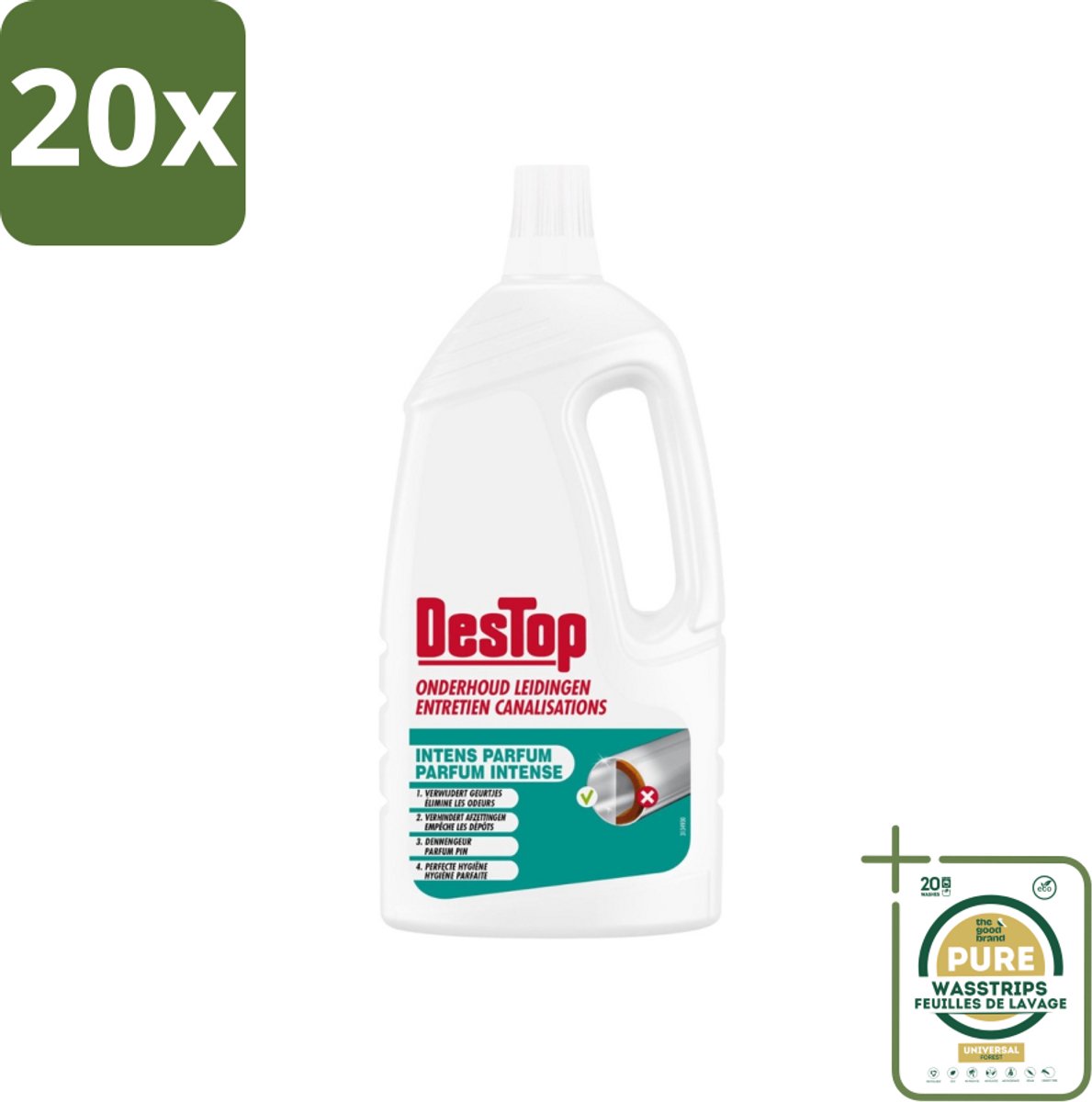 20 x DesTop - Onderhoud Leidingen - Frisse Dennen geur - 4-in-1 Werking - 1,5L - Grootverpakking - Leidingen Reinigen - Geur Neutraliseren - Leidingen Onderhouden - Verstopping Voorkomen - Hygiëne