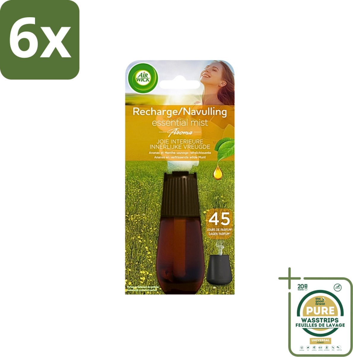 Air Wick Essential Mist - Navulling - Happiness - Ananas & Wilde Munt - 20ml - Voordeelverpakking - 6 stuks - Essentiële oliën - Ananas