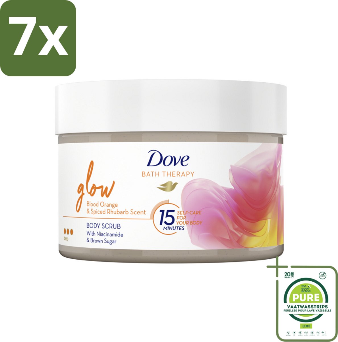7 x Dove Bath Therapy Glow - Bodyscrub - Bloedsinaasappel & Rabarber - 295 ml - Grootverpakking - Huidverzorging - Body Scrub - Stralende Huid - Niacinamide - Bruine Suiker