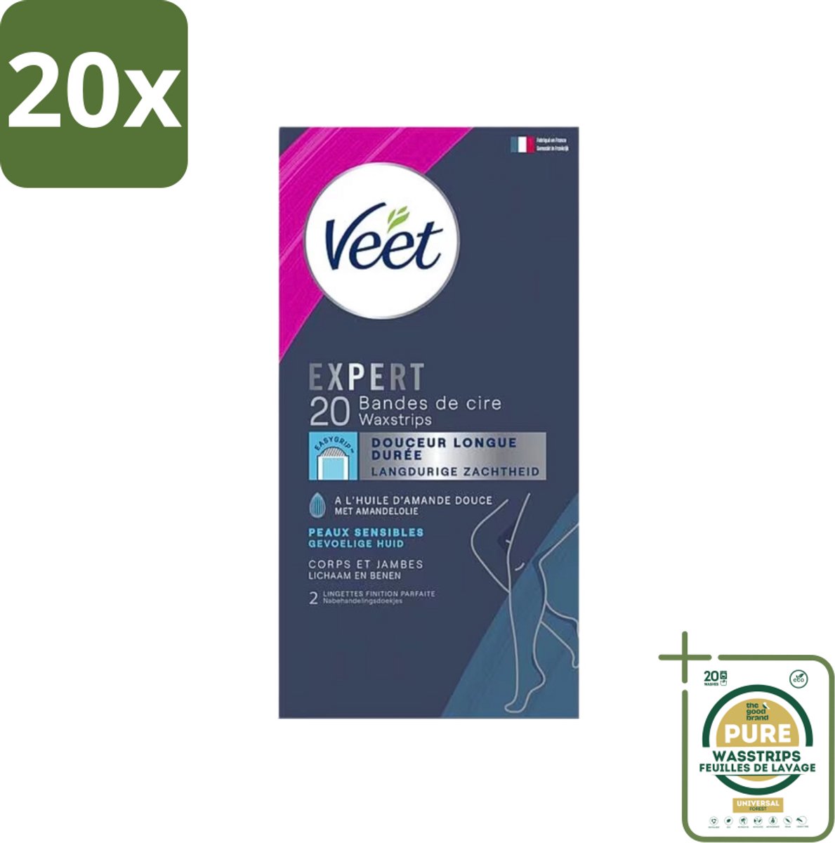 20 x Veet Expertn - Ontharingsstrips - Lichaam & benen - Normale huid - 20 Strips - Grootverpakking - Ontharen - Ontharingsstrips - Huid - Benen - Normale Huid