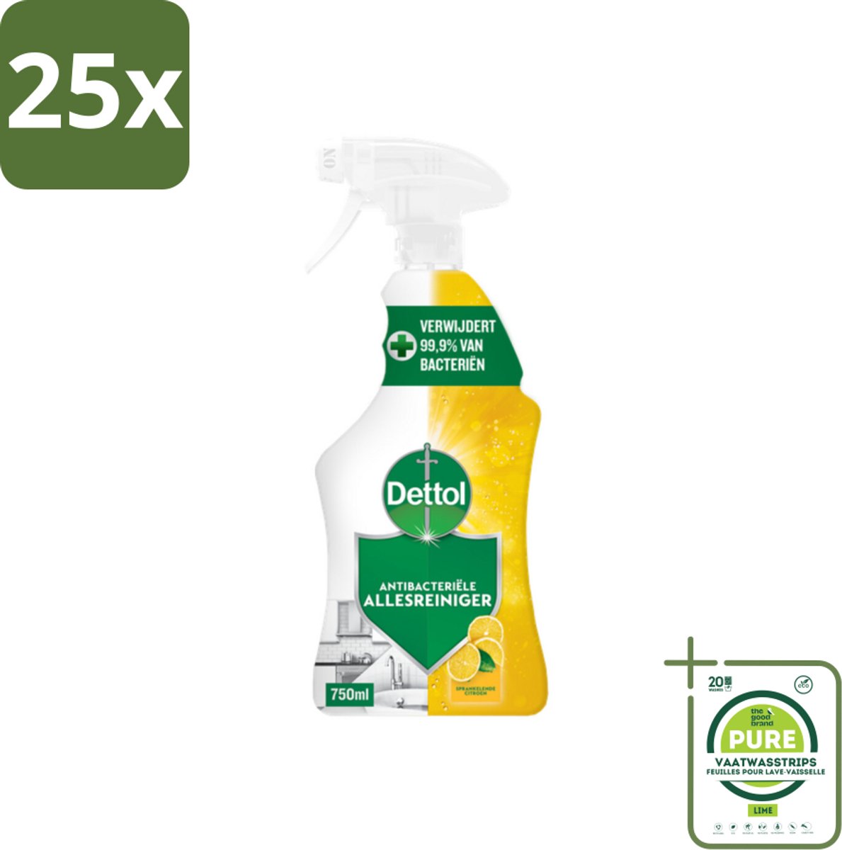 25 x Dettol Antibacteriële Allesreiniger Spray Sprankelende Citroen 750 ml - Grootverpakking - Allesreiniger - Schoonmaakspray - Citroen - Hygiëne - Keukenreiniger