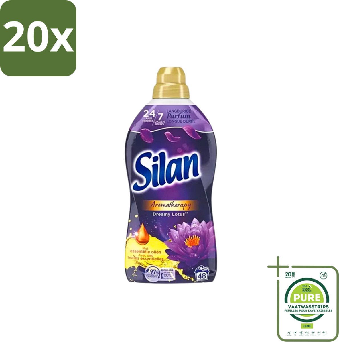 20 x Silan Aromatherapy - Wasverzachter - Dreamy Lotus - Essentiële Oliën en Langdurige Parfum - 48 Wasbeurten - 1.056L - Grootverpakking - Wasverzachter - Geur - Essentiële Oliën - Lotus - Langdurige Geur