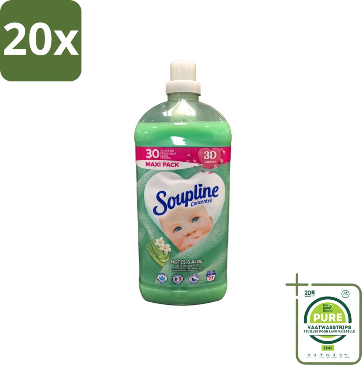 20 x Soupline - Wasverzachter - Aloë Vera Concentraat - 77 Wasbeurten - Grootverpakking - Wasverzachter - Aloë Vera - Wasverzachter Concentrat - Zachte Kleding - Frisse Geur
